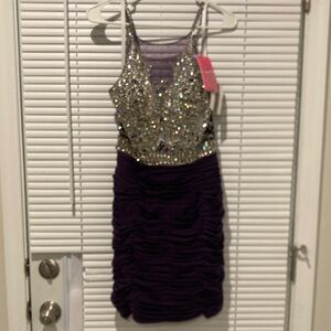 JVN by Jovani Glittering Silver and Purple Mini Dress